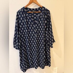 Ellos Women’s 24 Blue White Rayon Popover Tunic Top Long Sleeve Boho Blouse